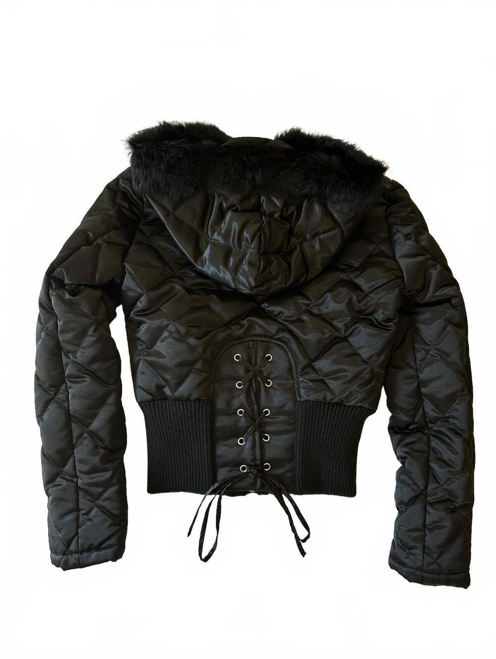 Y2K corset back cropped quilted satin jacket fox fur trim Bebe xs